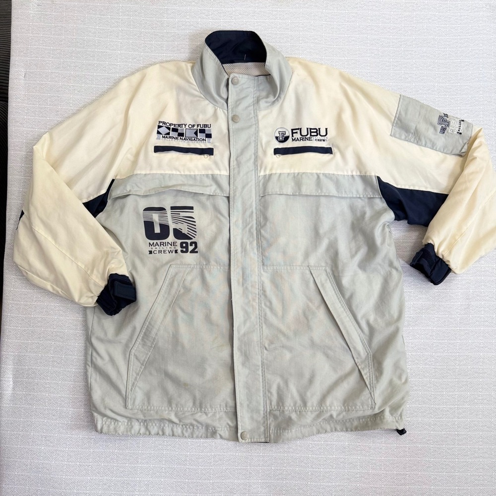 Vintage FUBU Marine Sailing Crew Jacket Mens Grey Cream Navy 90s Streetwear
